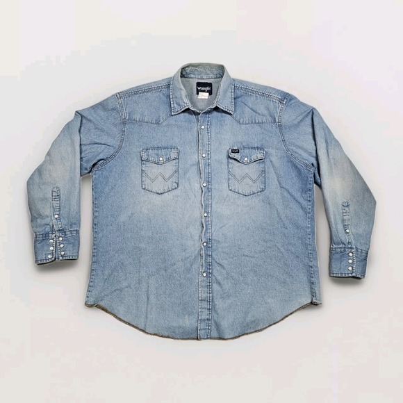 Vtg Wrangler Denim Pearl Snap Shirt Mens 2XL Long Sleeve Country Rodeo Cowboy - Picture 1 of 15